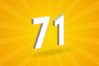 3D 71 numara yazı tipi alfabesi. Beyaz 3D Numara 71, sarı arka plan.