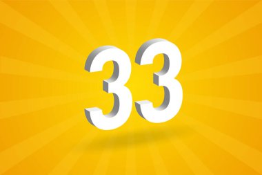 3D 33 numara yazı tipi alfabesi. Beyaz 3 boyutlu 33 numara, sarı arkaplan.