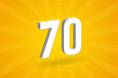 3D 70 numara yazı tipi alfabesi. Beyaz 3 boyutlu. 70 numara, sarı arkaplan.