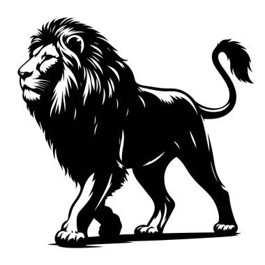 Kafası olan zarif yürüyen aslan silueti vahşi yaşam sanat eserleri, doğa baskıları, hayvan severler ve dijital el işi için ideal siyah vektör hayvan çizimine dönüştü..