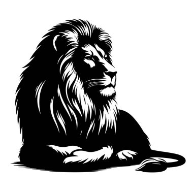 Vahşi yaşam dekorasyonu, eğitim materyalleri, doğa zanaatı ve dijital illüstrasyon için mükemmel siyah zarif hayvan tasarımı içinde oturan sakin aslan silueti.