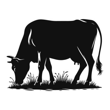 Çiftlik hayvanları çizimleri ve kırsal sanat eserleri için çim biçen inek silueti siyah vektörü