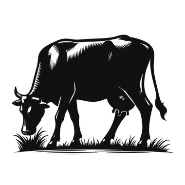 Otlayan bir ineğin siyah vektör silueti çiftlik hayvanlarının grafikleri ve kırsal sanat eserleri için mükemmel.