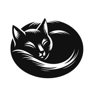 Uyuyan kedi kıvrımlı silueti, ev dekorasyonu hayvan severler ve barışçıl sanat eserleri için siyah bir vektör oluşturuyor.