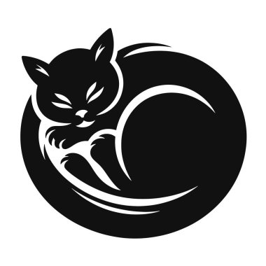 Uyuyan kedi kıvrımlı silueti, ev dekorasyonu hayvan severler ve barışçıl sanat eserleri için siyah bir vektör oluşturuyor.