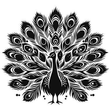 Fanned Feather Tavus kuşu silueti Egzotik Kuş Sanatı, Vahşi Yaşam Çizimleri ve Doğa Temalı Tasarımlar için Siyah Vektör