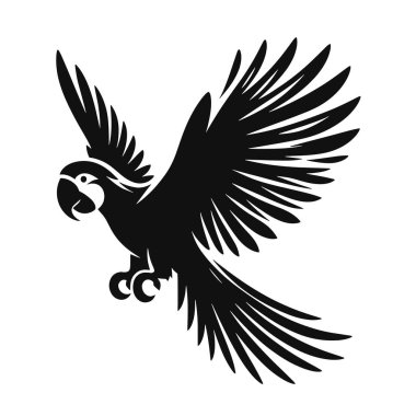 Uçan papağan silueti tropikal yaban hayatı sanat kuşu kliması ve egzotik doğa tasarımları için siyah vektör