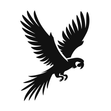 Tropikal Vahşi Yaşam, Kuş Sanatı ve Egzotik Doğa Temalı Çizimler İçin Uçan Papağan Silueti Siyah Vektörü