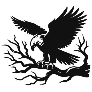 Yaban hayatı sanat kuşu grafikleri ve doğa tasarımları için tünemiş kartal silueti siyah vektör