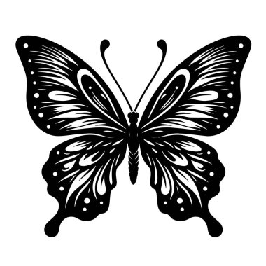 Kelebek silueti. Açık kanatlı. Doğa için siyah vektör.