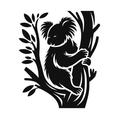 Vahşi yaşam için ağaç siyah vektörde Koala silueti doğa ve Avustralya hayvan tasarımları.