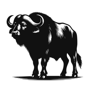 Vahşi yaşam için ayakta duran bufalo silueti ormandaki hayvan grafikleri ve kırsal doğadan esinlenilmiş sanat eserleri tasarlıyor.