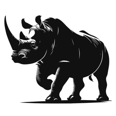 Yürüyen gergedan silueti, safari için siyah vektör, vahşi yaşam sanatı, büyük hayvan yelpazesi ve doğa temaları.