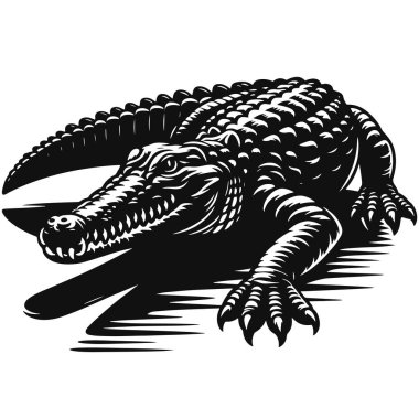 Sürüngen klibi safari için sürünen timsah silueti kara vektör bataklık hayvan grafikleri ve doğa tasarımları.