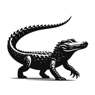 Timsah silueti yanlamasına yürüyor. Vahşi yaşam için siyah vektör. Sürüngen grafikleri ve doğa sanat tasarımları.