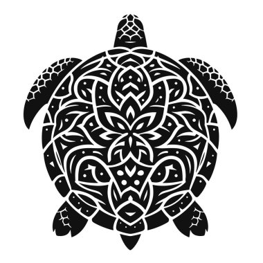 Kabuk desenli kaplumbağa silueti. Doğa için siyah vektör. Deniz hayvanı ve vahşi yaşam sanatı.
