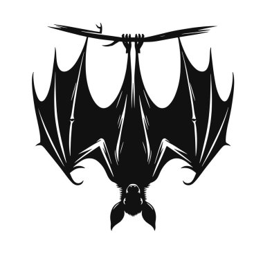 Yarasa silueti asılıyor. Vahşi yaşam için siyah vektör. Gece hayvanı ve ürkütücü yaratık sanatı.