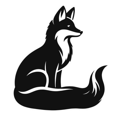 Oturan tilki silueti kıvrılmış kuyruklu vahşi yaşam için kara vektör hayvan derisi ve doğa tasarımı.