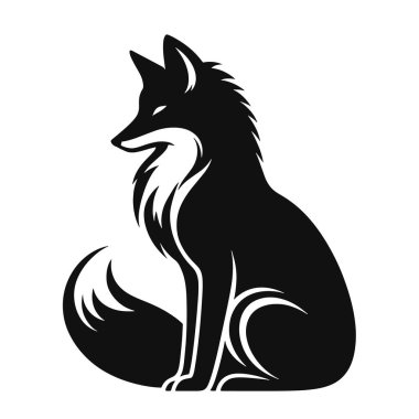 Vahşi yaşam sanatı ve doğa tasarımı için kıvrılmış kuyruklu oturan tilkinin siyah vektör silueti