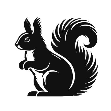 Çalı kuyruklu sincap silueti. Orman hayvanı için siyah vektör. Vahşi yaşam grafikleri ve şirin baskılar.