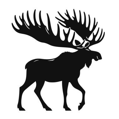 Boynuzları olan geyik silueti. Vahşi yaşam için siyah vektör. Açık hava hayvanlarına ve doğa grafiklerine odaklan.