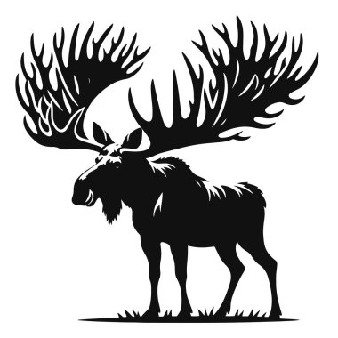 Boynuzlu geyik silueti vahşi yaşam hayvan sanatı ve doğa tasarımı için siyah vektör.
