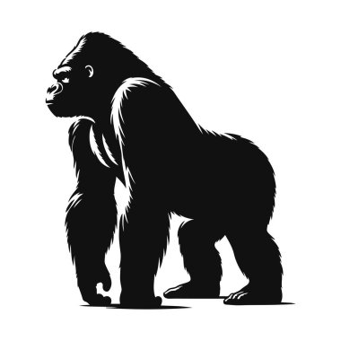 Vahşi yaşam sanatı ve güçlü hayvan klibi için ayakta duran gorilin siyah vektör silueti