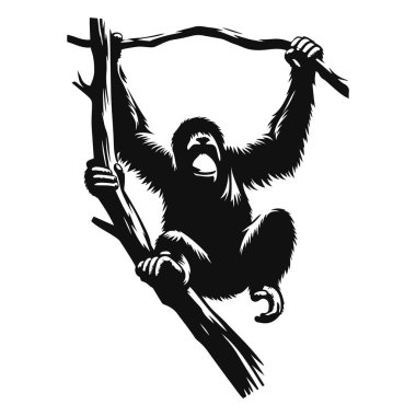 Kara vektör orangutan silueti primat ormanı hayvan kliması ve vahşi yaşam sanatı için tırmanıyor