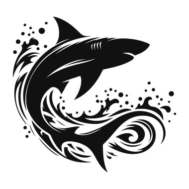 Yüzen köpekbalığı silueti. Okyanus yırtıcısı için siyah vektör. Vahşi yaşam grafikleri ve deniz yaratığı sanatı.