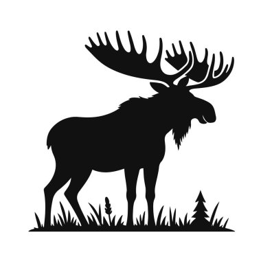 Büyük boynuzlu geyik silueti. Kuzey yaban hayatı için siyah vektör. Orman hayvanı doğası ve vahşi doğa tasarımı.