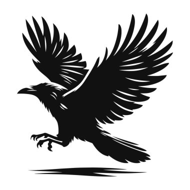 Gizemli hayvan sanatı ve kara kuş tasarımı için uçan kuzgun siluetinin vektör çizimi