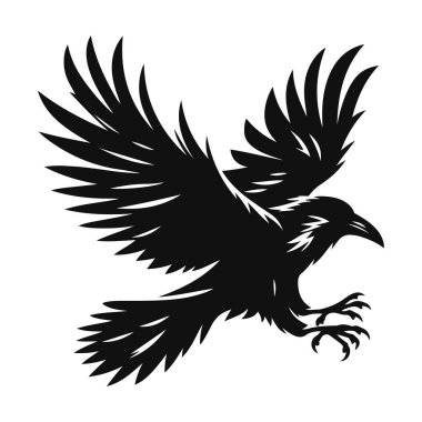 Vahşi yaşam için uçan kuzgunun siyah vektör silueti ve gizemli kuş doğa tasarımı