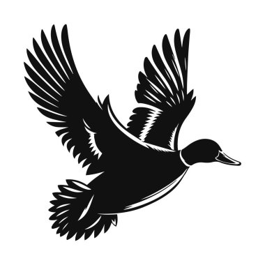 Vahşi yaşam için uçan yaban ördeğinin siyah vektör silueti ve su kuşu hayvan sanatı