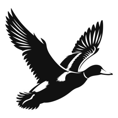 Uçan yaban ördeği silueti. Su kuşu vahşi yaşamı ve kuş doğa tasarımı için siyah vektör.