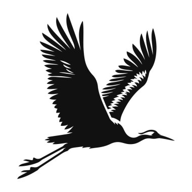 Uçan vinç silueti, sulak arazi vahşi yaşam için siyah vektör, klip ve zarif kuş doğa tasarımı.