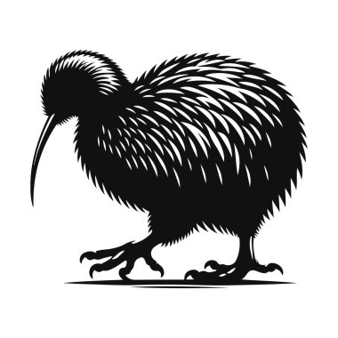 Egzotik yaban hayatı klipleri ve nadir hayvan doğası sanatı için yürüyen kivi kuş siluetinin vektör çizimi