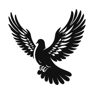 Barış için uçan güvercinin kara vektör silueti vahşi yaşam ve nazik hayvan sanatı.