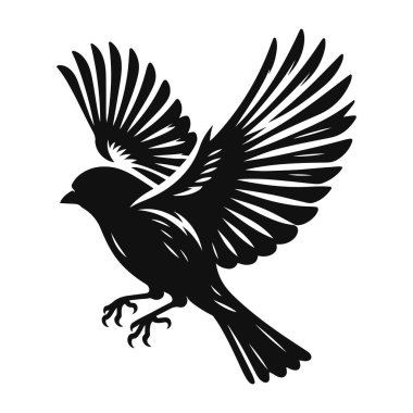Finch silueti, küçük kuş vahşi yaşam için uçan siyah vektör. Doğa ve hayvan tasarımı.