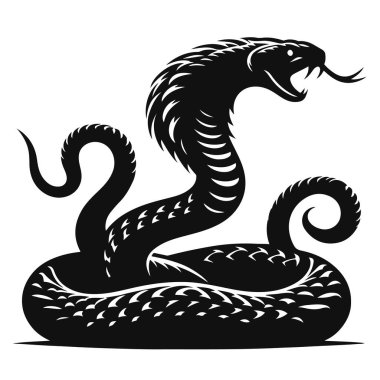 Çıngıraklı yılan silueti çöl yaban hayatı ve zehirli sürüngen doğa tasarımı için siyah vektöre saldırmaya hazır.