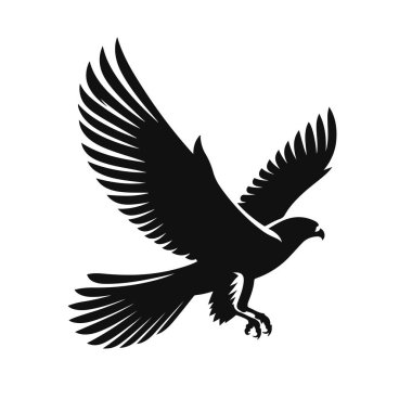 Dağ yaban hayatı kliması ve kuş avcılığı sanatı için uçan şahinin siyah vektör silueti