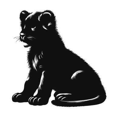 Vahşi yaşam için siyah vektörde oturan aslan yavrusu silueti yavru kedi ve doğa sanatı.