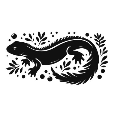 Newt silueti, amfibiler için yüzen siyah vektör. Küçük hayvan doğası ve gölet tasarımı.