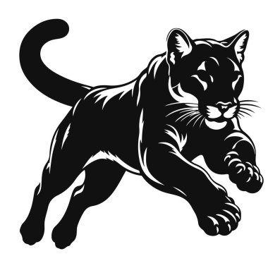 Dağ yaban hayatı klipleri ve güçlü yırtıcı doğa grafikleri için sıçrayan puma siluetinin vektör çizimi