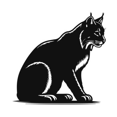 Ormandaki vahşi yaşam için çömelmiş vaşak siluetinin vektör çizimi ve avcı doğa sanatı.