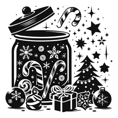 Noel şekeri kavanozu silueti kapağı siyah vektör ile bayram süslemesi için