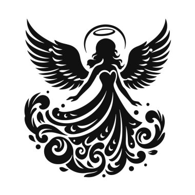 Noel süslemesi için kanatları ve halesi olan zarif bir Noel meleği silueti.