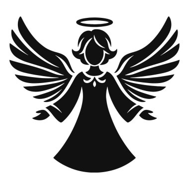 Kanatlı Noel meleği silueti ve bayram dekorasyonu için halo siyah vektörü.