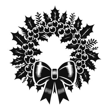 Zarif Noel çelengi böğürtlenli siluet ve bayram dekorasyonu için siyah yay vektörü.