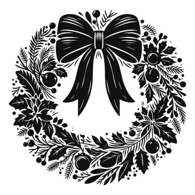 Festivalsel tasarım için siyah yay vektörlü basit bir Noel çelengi silueti