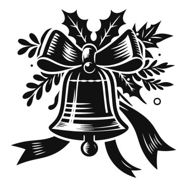 Bayram tasarımı için Holly ve kurdele siyah vektörlü basit bir Noel çanı silueti